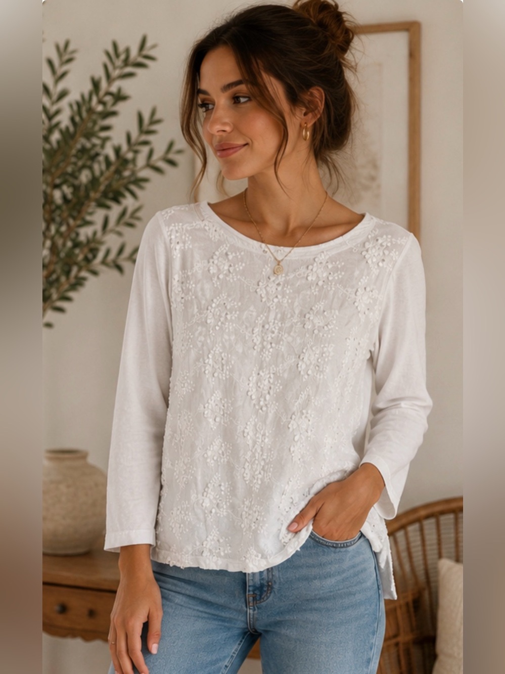 Sfera White Embroidered Floral Long Sleeve Top Women’s Small Boho Cottagecore